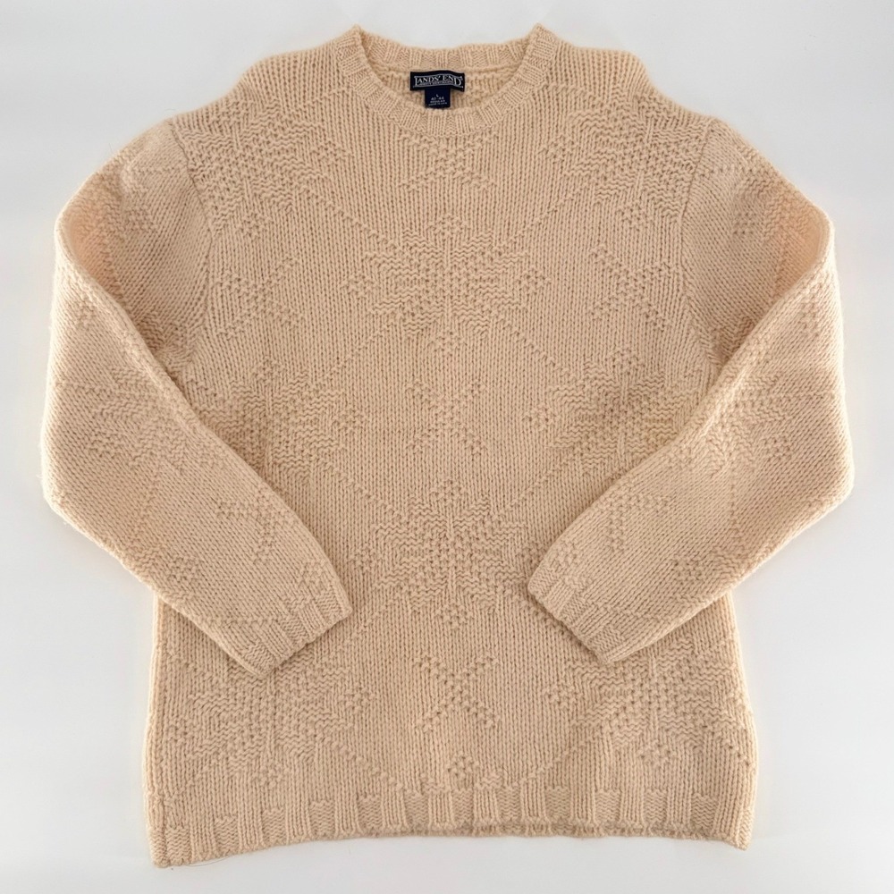 LANDS END Vintage Wool Sweater Cream Beige Chunky Knit Pullover Made in USA L